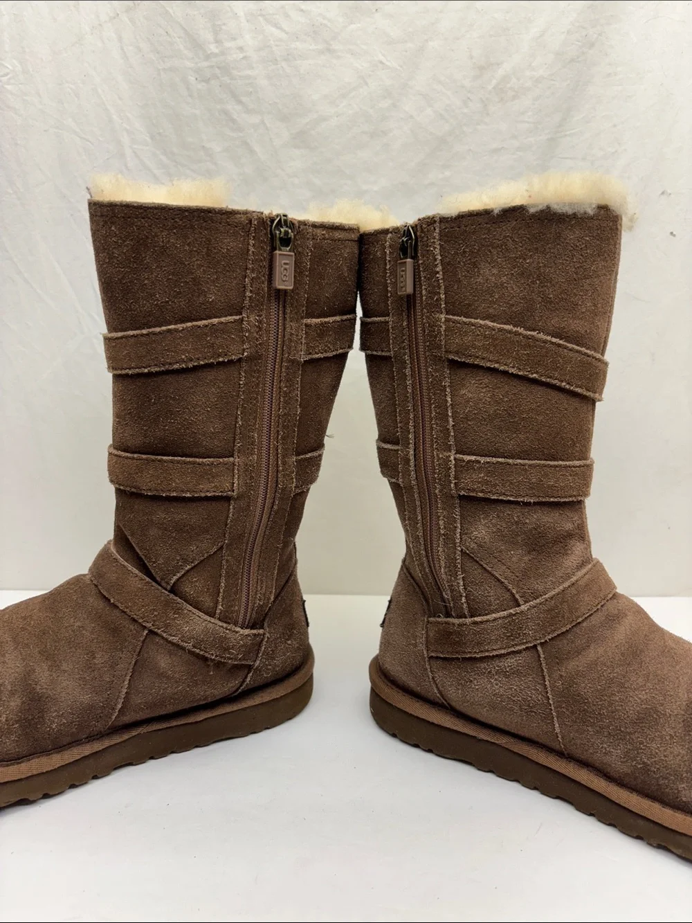 UGG Brown Suede Mid-Calf Shearling Buckle Boots, SZ 4 big girl, box 4